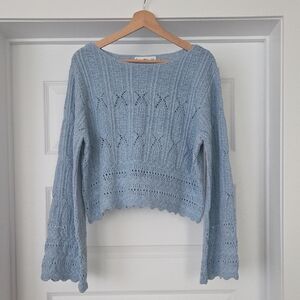 Mango Light Blue Boat Neck Knit Sweater, Size XL